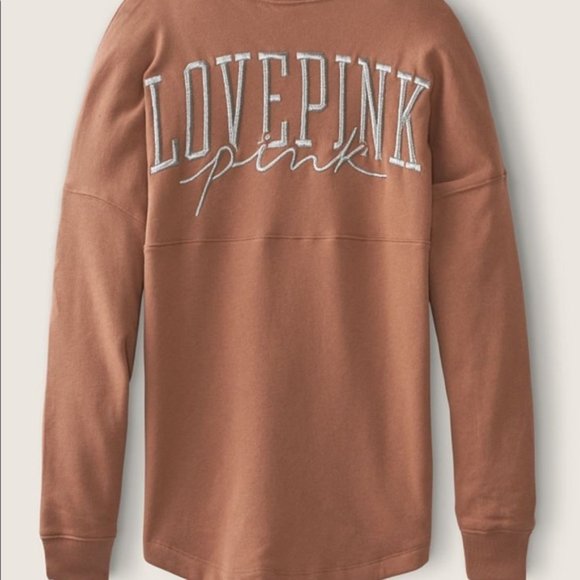 NWT! Victoria's Secret PINK 'Varsity Crew Stucco Beige Shine Sweatshirt' - Picture 2 of 5